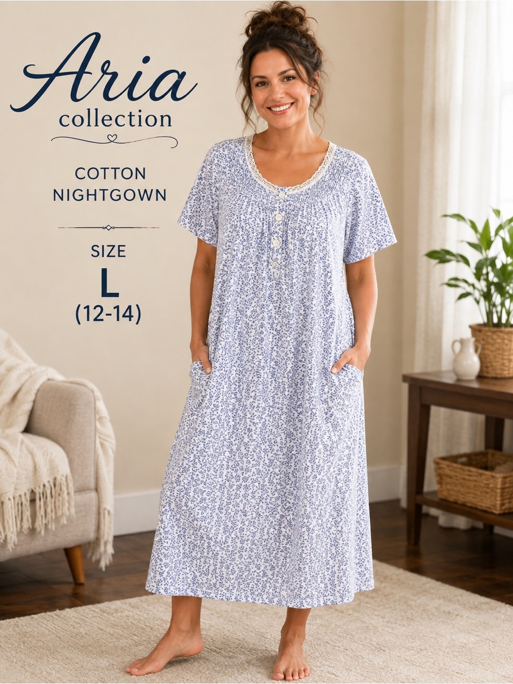 Aria Collection L 12-14 Cotton Floral Nightgown Pockets